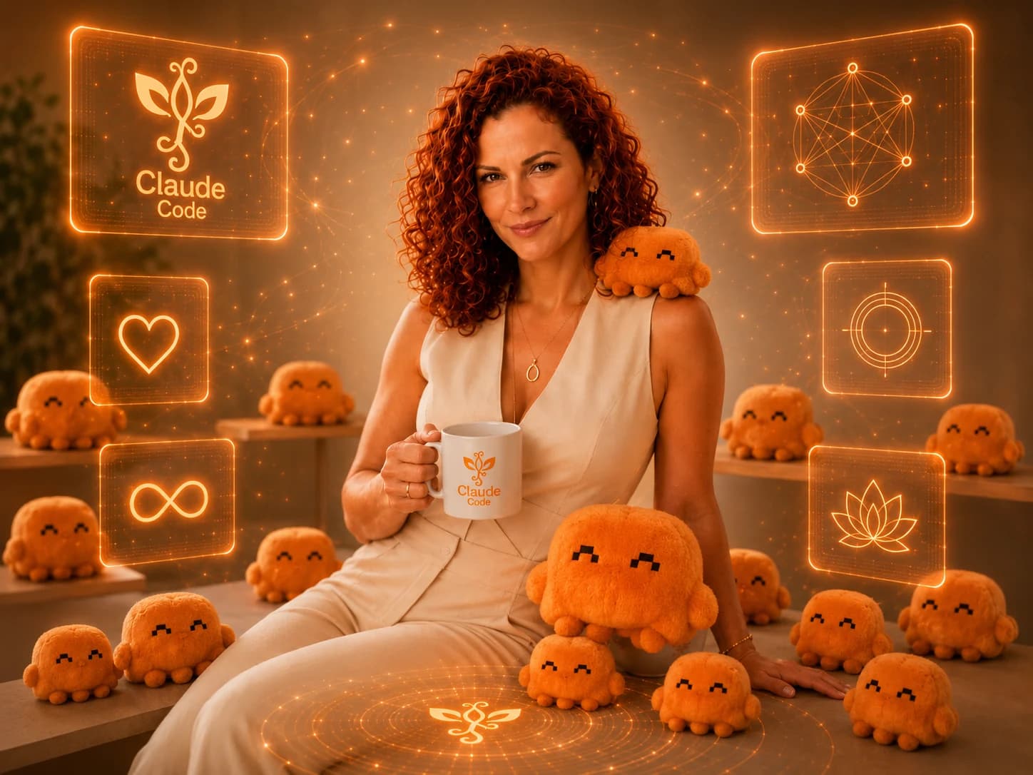 Jaya Roberta em cenário tecnológico com mascotes Claude e interfaces laranja