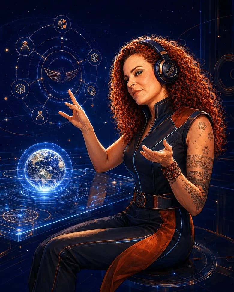 Jaya Roberta sentada diante de um painel circular de ícones conectados