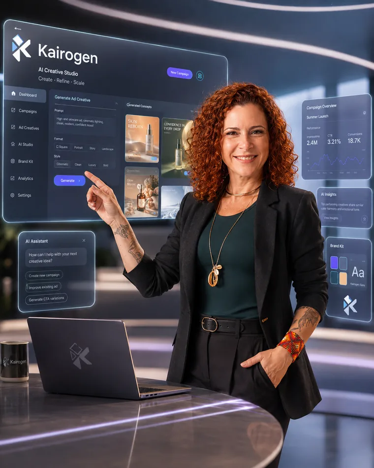 Jaya Roberta apontando para um painel da KAIROGEN com geração de criativos